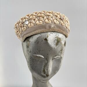 Vtg 1950s Champagne Pillbox Hat Rhinestone Trim Silk Cocktail Tilt Hat